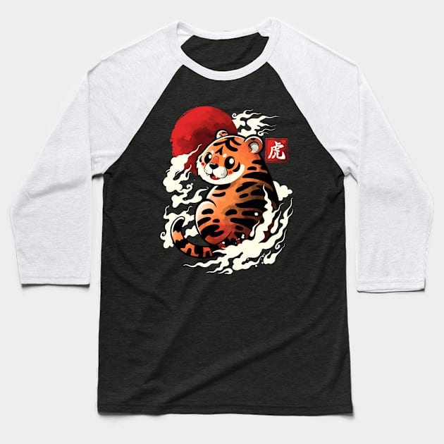 Tiger red sun Baseball T-Shirt by NemiMakeit